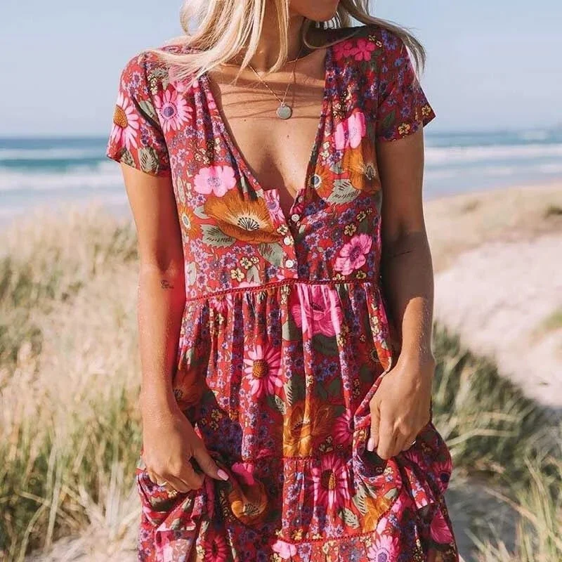Bohemian Mini Dress, Boho Dress,Red Floral Print Chic Puff Sleeve Mini Dress