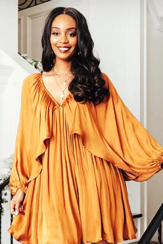 Champagne Flow Satin Cape Sleeve Mini Dress Copper - FINAL SALE Classic Solid Mini Dress