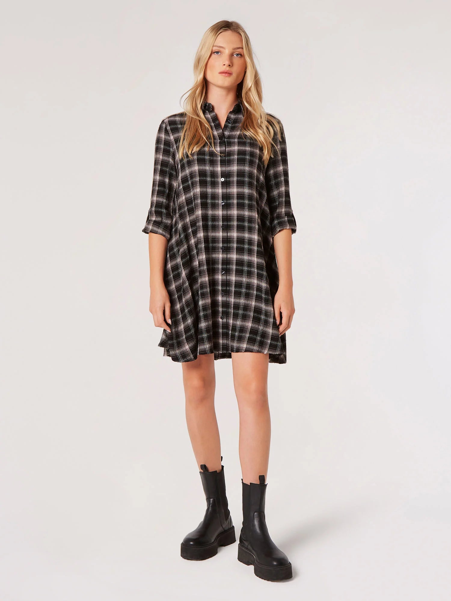 Checked Shirt Mini Dress Stylish Ribbed Mini Dress