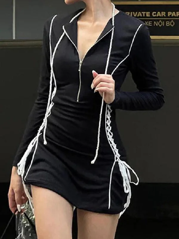 Contrast Color Line Tie Up Zip Up Mini Dress Fashionable Party Mini Dress