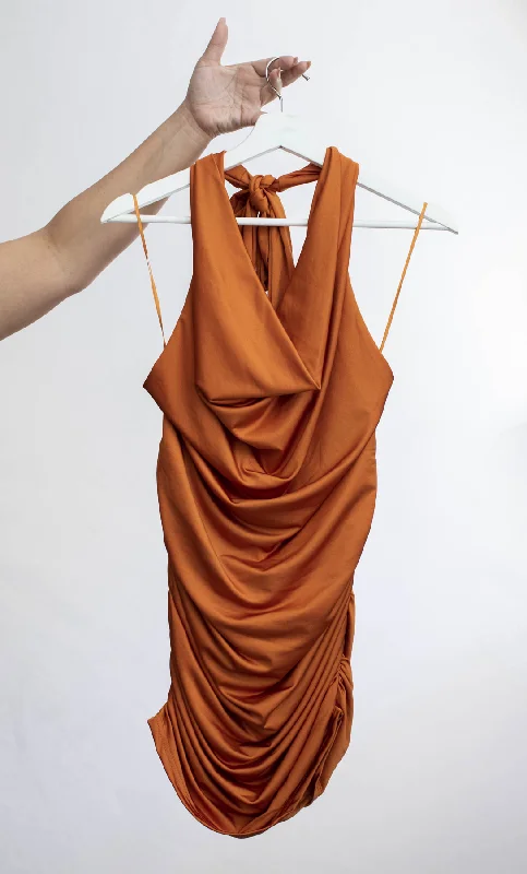 Plunging Halter Neck Ruched Mini Dress Fashionable Party Mini Dress