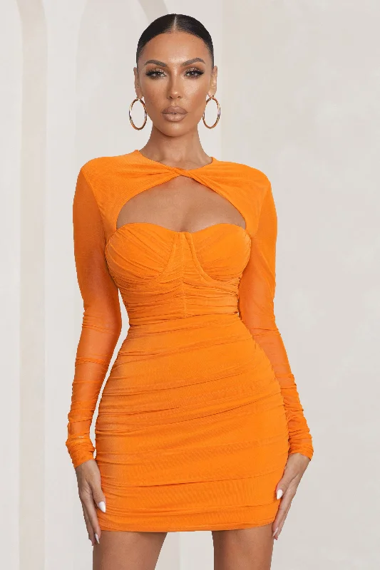 Daiquiri | Orange Cut Out Ruched Mesh Mini Dress With Long Sleeves Elegant Mini Dress with Ruffles