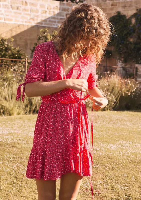 Daphne Crop Sleeve Wrap Mini Dress Red Fashionable A-Line Mini Dress