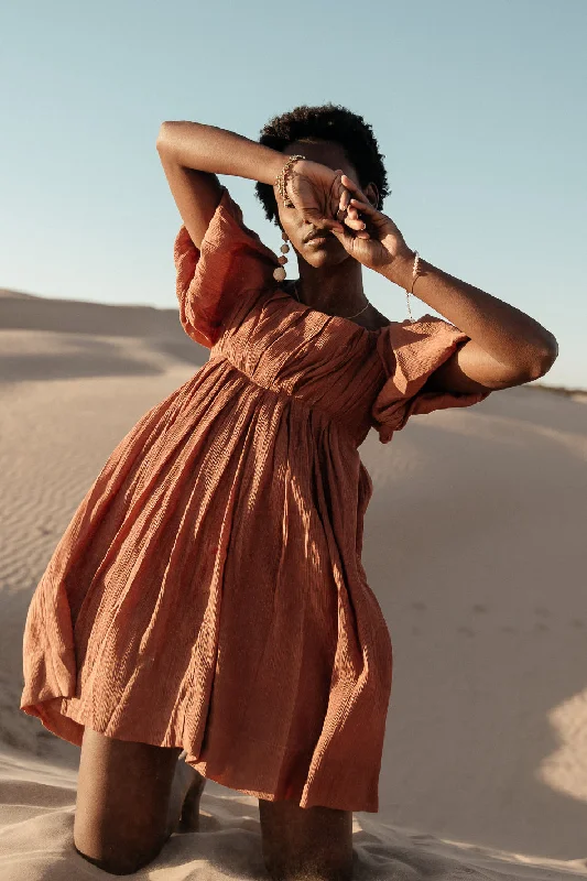 Dasha Textured Mini Dress in Terracotta Trendy Mesh Mini Dress