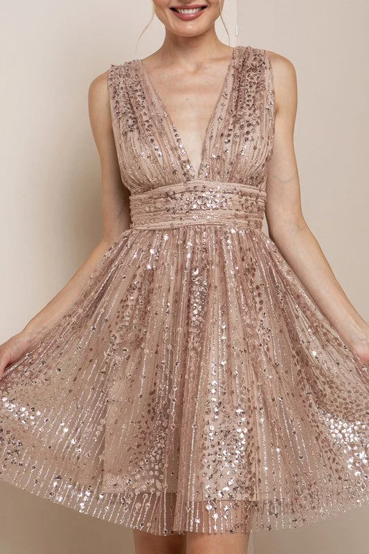 DEEP V NECK SEQUIN MINI DRESS Fashionable Pleated Mini Dress