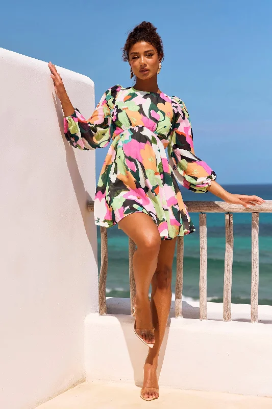 End Game Mini Dress - Green Multi Elegant Lace-Up Mini Dress