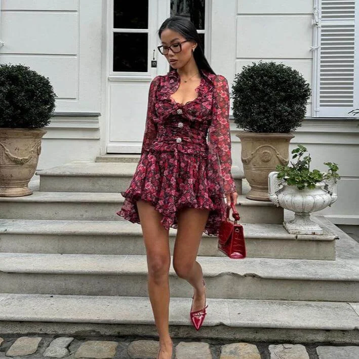 Floral Deep Neck Long Sleeve Mini Dress Trendy Bodycon Mini Dress