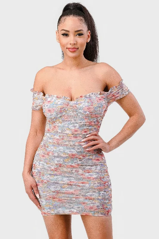 Floral Mesh Print Off-Shoulder Mini Dress with Sweetheart Neck Cozy Knitted Mini Dress
