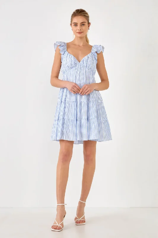 English Factory - Gingham Printed Tiered Mini Dress Cozy Cowl Neck Mini Dress