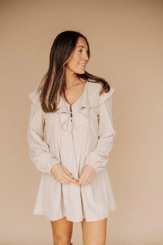 Hart Corduroy Ruffled Puff Sleeve Mini Dress in Taupe Chic Halter Mini Dress