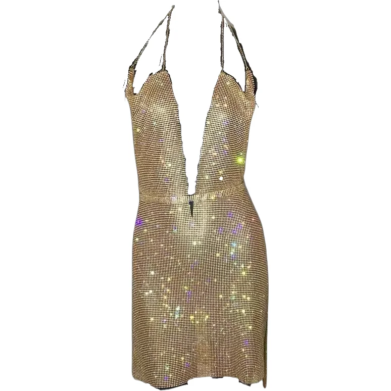 KOKO  Gold Crystal Diamante Mini Dress Casual Mini Dress with Pockets