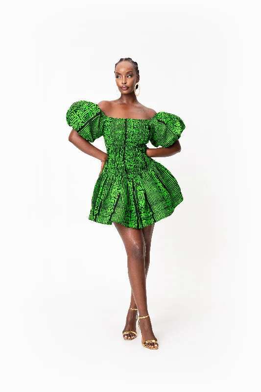 MAALI African print smocked body mini dress Elegant Mini Dress with Ruffles