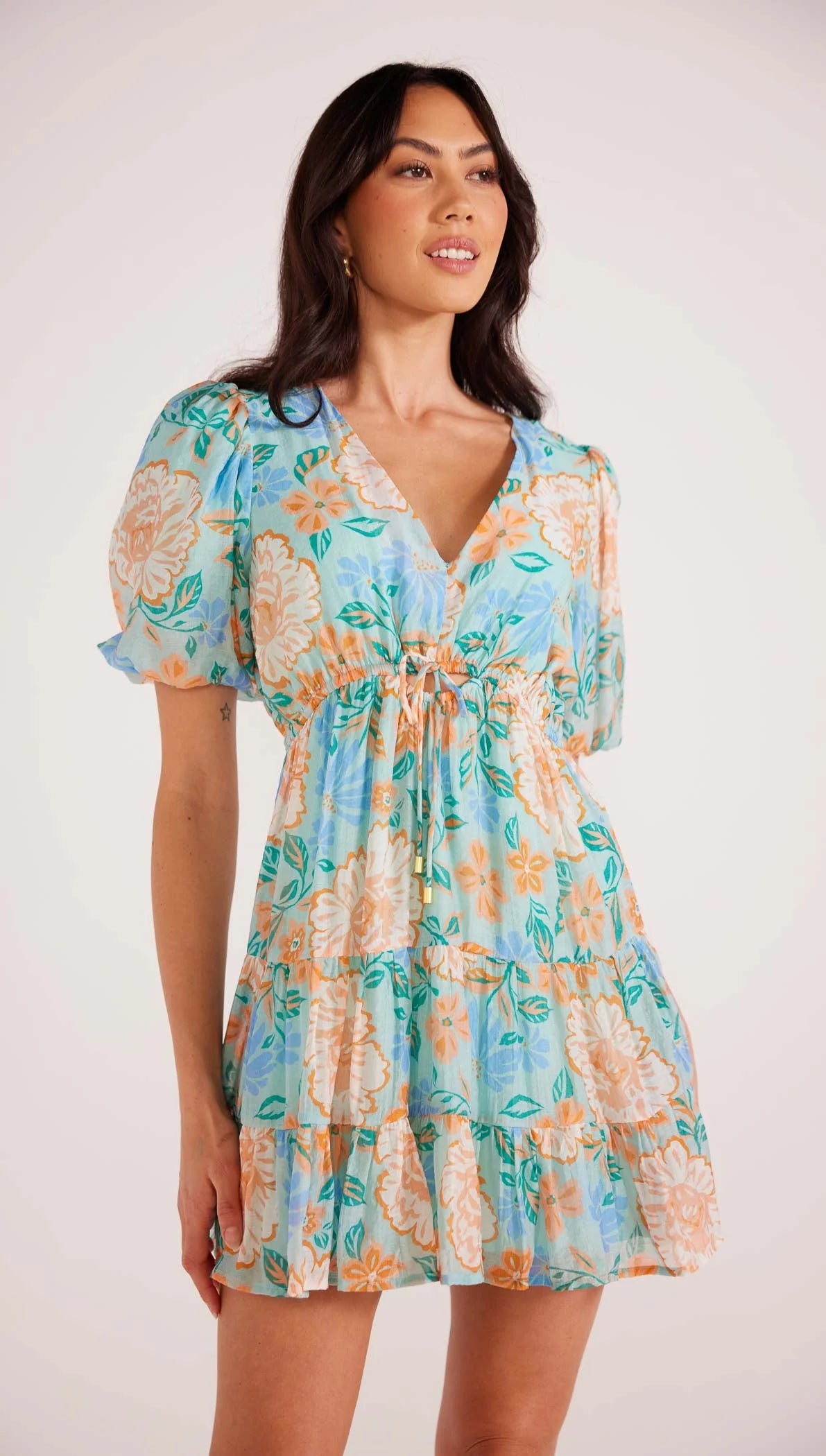 Evelyn Puff Sleeve Mini Dress Fashionable Lace-Trim Mini Dress