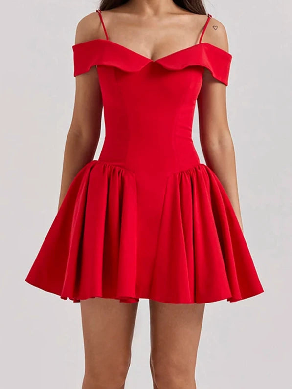 A&A Elegant Off-shoulder A Line Pleated Mini Dress Classic Solid Mini Dress