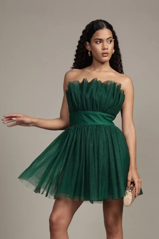 Nanita Pleated Mini Dress in Emerald Green Chic Sleeveless Mini Dress