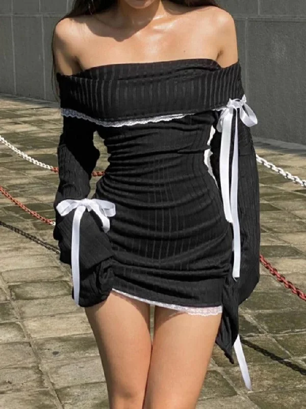 Off Shoulder Lace Splice Tie Up Long Sleeve Mini Dress Elegant Satin Lace Mini Dress