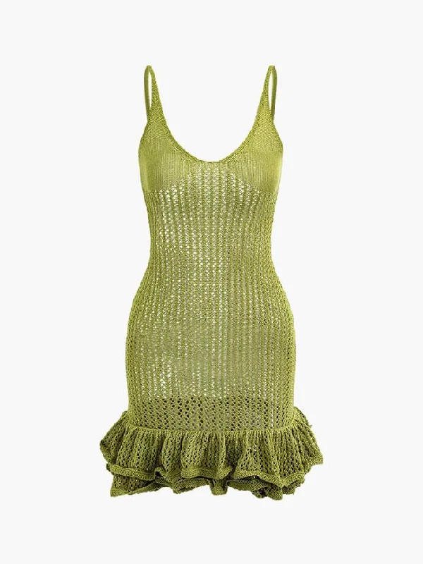 Open Knit Ruffle Hem Cami Mini Dress Comfortable Casual Mini Dress