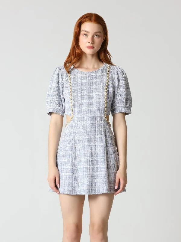 Pearl Detail Side CutOut Flare Mini Dress in Tweed Elegant Vintage Mini Dress