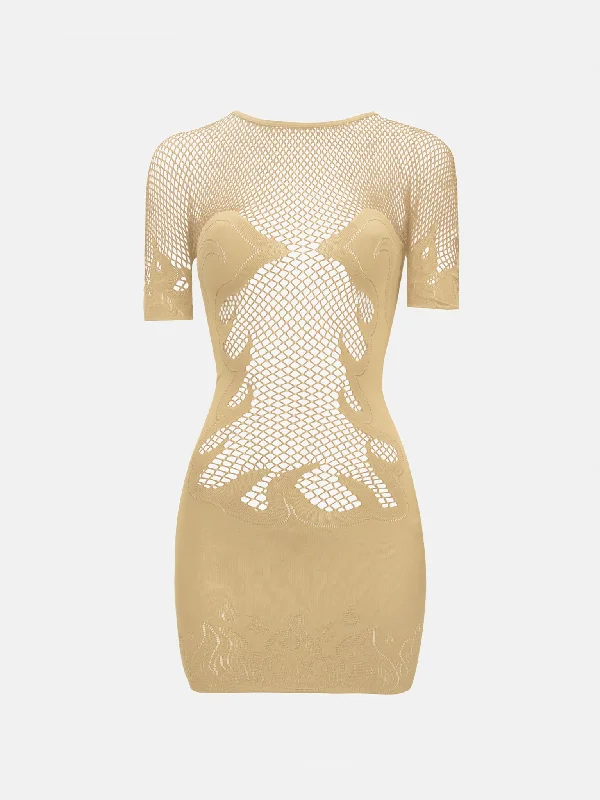 Pin-Up Mini Dress Beige Trendy Off-Shoulder Dress Mini