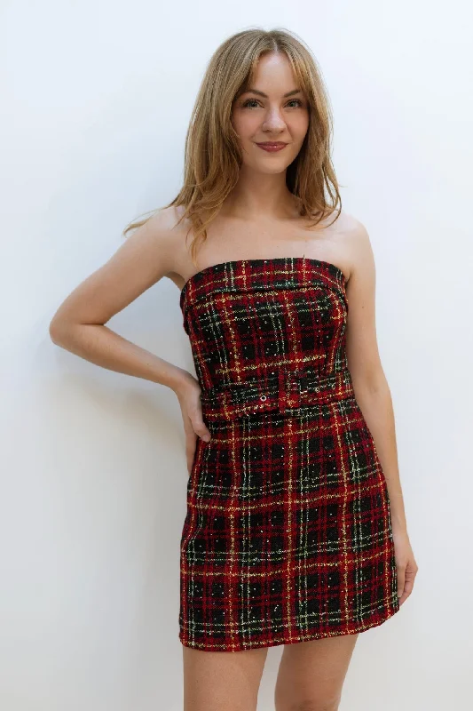 Plaid Tweed Strapless Mini Dress Fashionable Lace-Trim Mini Dress