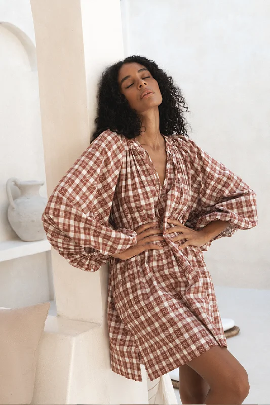 Poet Mini Dress ~ Red Clay Stylish Plaid Mini Dress