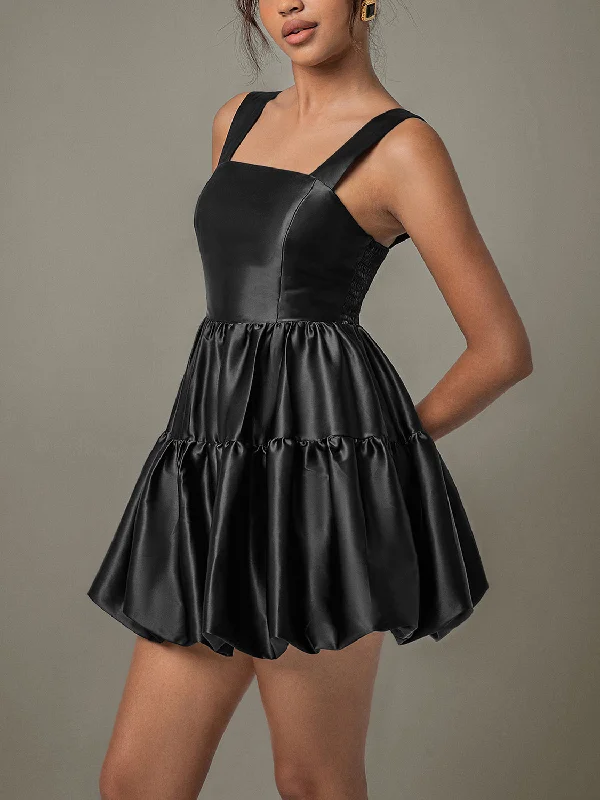 Ruched Square Neck Wide Strap Mini Dress Elegant Lace-Up Mini Dress