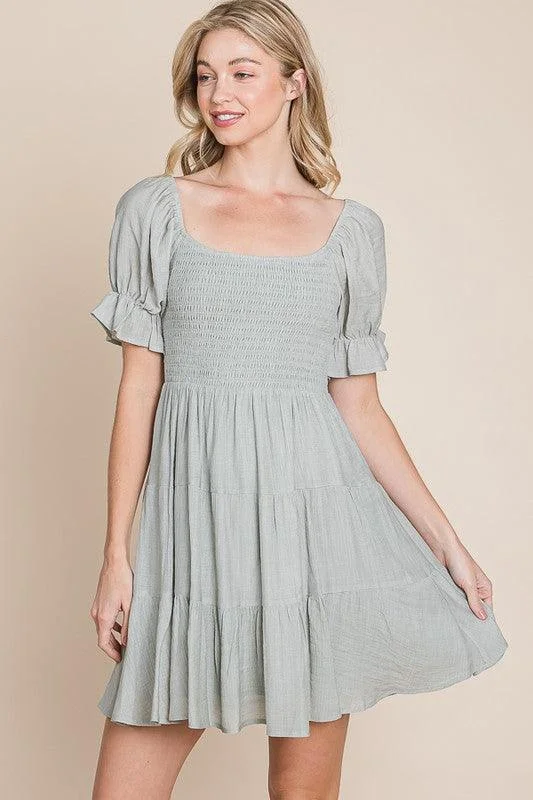 Sage Puff Sleeve Mini Dress Cozy Ribbed Mini Dress