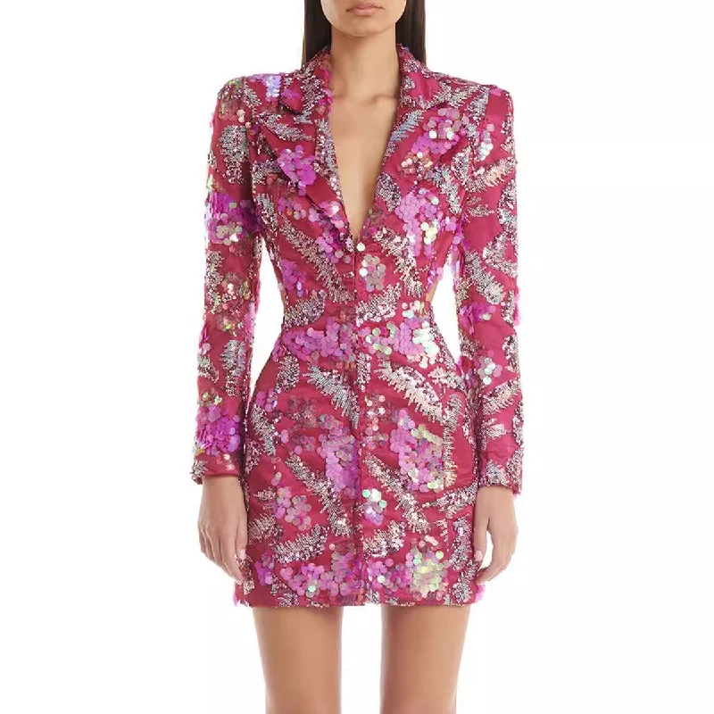 Sequined Blazer Mini Dress with Cutout Back Trendy A-Line Mini Dress
