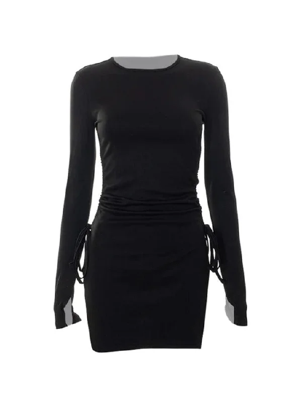 Solid Crew Neck Lace Up Slit Mini Dress Casual Button-Up Mini Dress