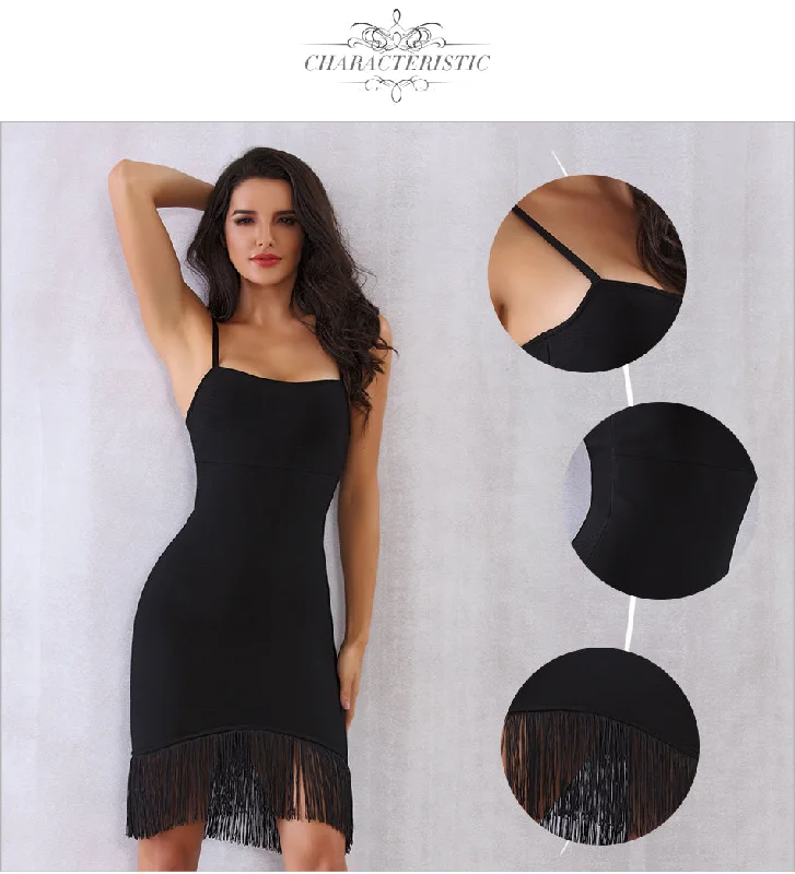 Spaghetti StrapTassel Fringe Mini Dress Chic Puff Sleeve Mini Dress