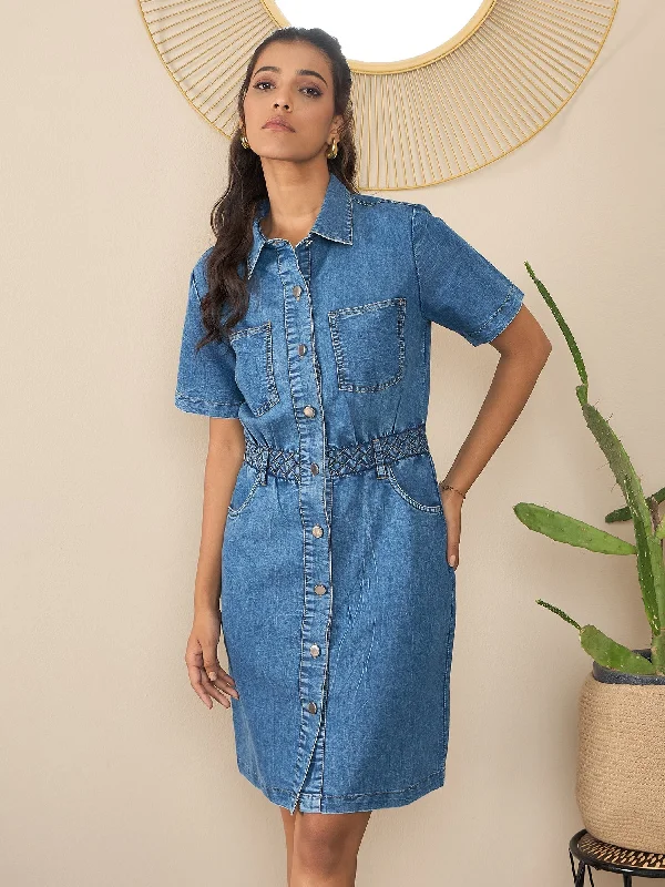 Blue Denim Belt Detail Mini Dress Fashionable Off-Shoulder Mini Dress