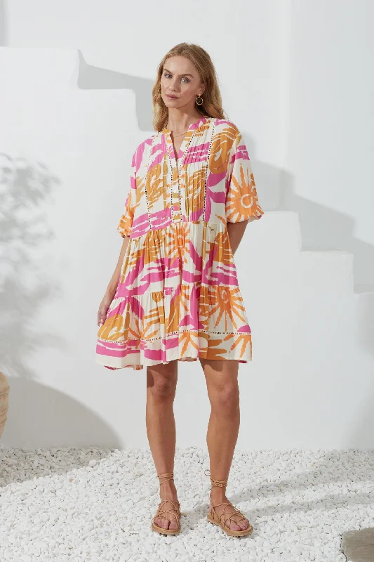 Tropicana Pink Orange Abstract Lace Detail Mini Dress Trendy Camisole Mini Dress