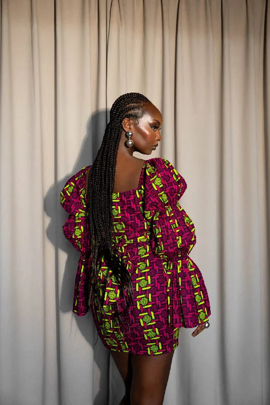 WUNMI African Print Off-shoulder Puffy Sleeve Mini Dress Cozy A-Line Mini Dress