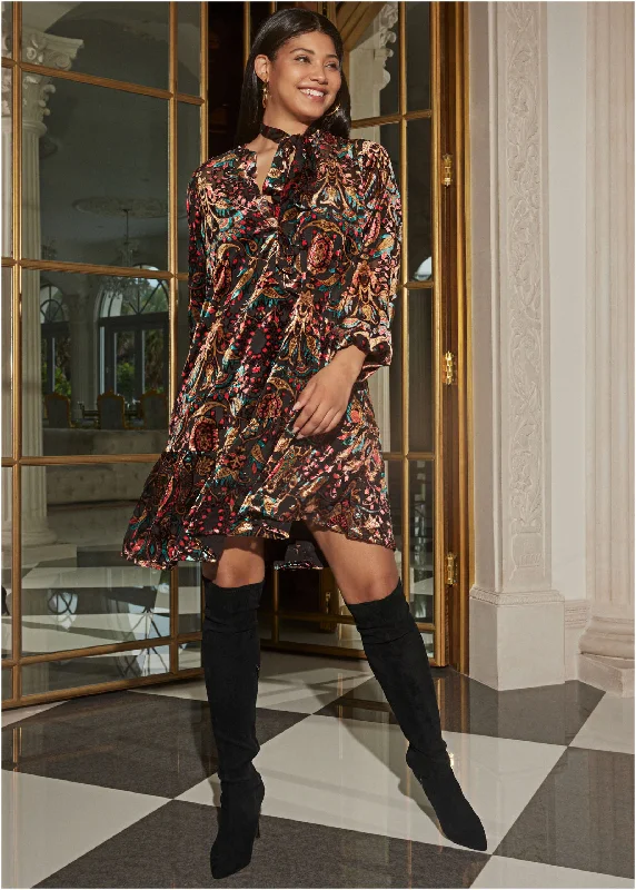 Burnout Velvet Mini Dress - Black Multi Fashionable Lace Mini Dress