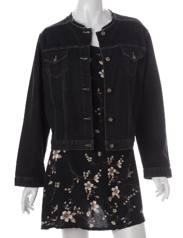 Label Black Collarless Denim Jacket Ribbed Jacket Pleated Jacket Ruffled Jacket