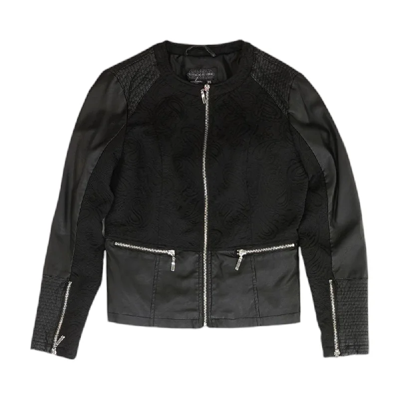 Black Paisley Faux Leather Jacket Zippered Front Buttoned Front Snap Front