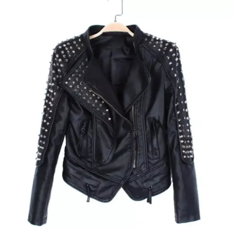 Leather Punk Black Jacket For Women With Studs Knit Jacket Woven Jacket Fleece Jacket Leather Punk Black Jacket For Women With Studs Knit Jacket Woven Jacket Fleece Jacket
