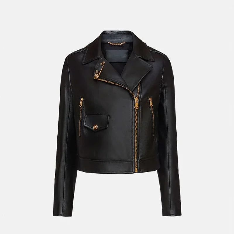 Black Sheepskin Leather Biker Jacket  For Women V-Neck Jacket Boat Neck Jacket Square Neck Jacket