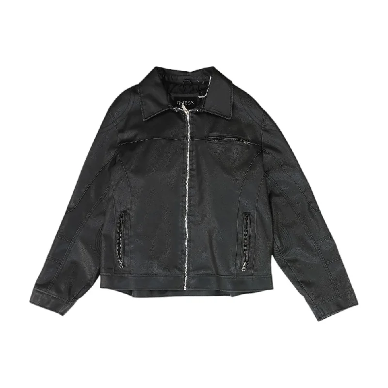 Black Solid Faux Leather Jacket Fleece Jacket Down Jacket Feather Jacket