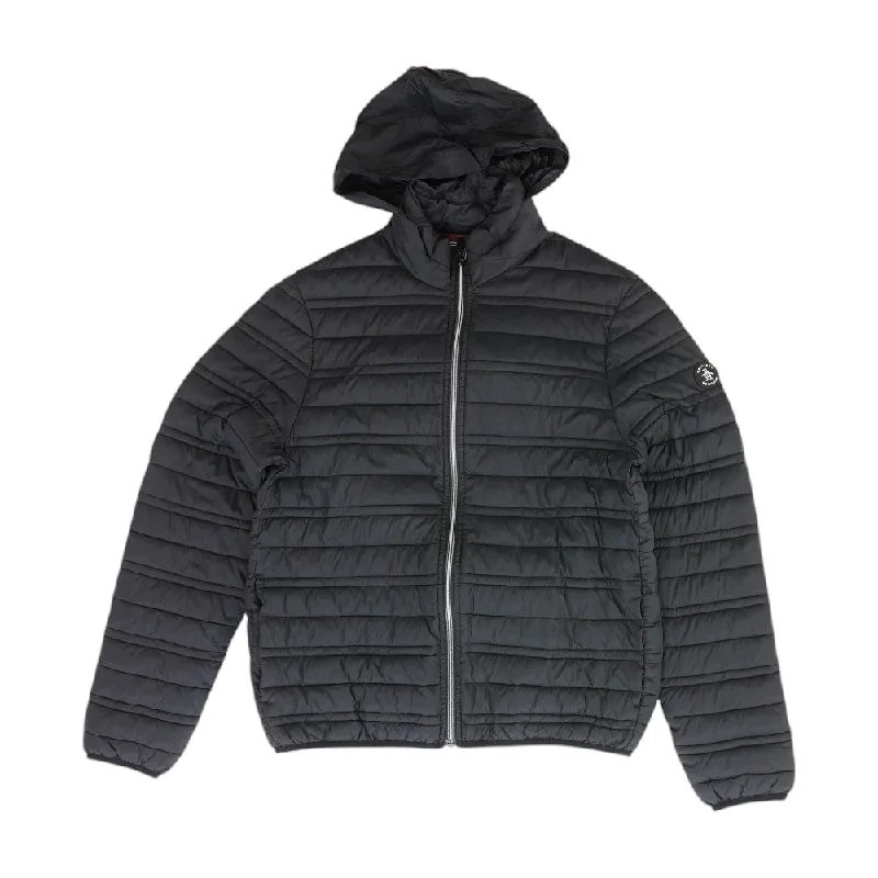 Black Solid Puffer Jacket Zippered Front Buttoned Front Snap Front