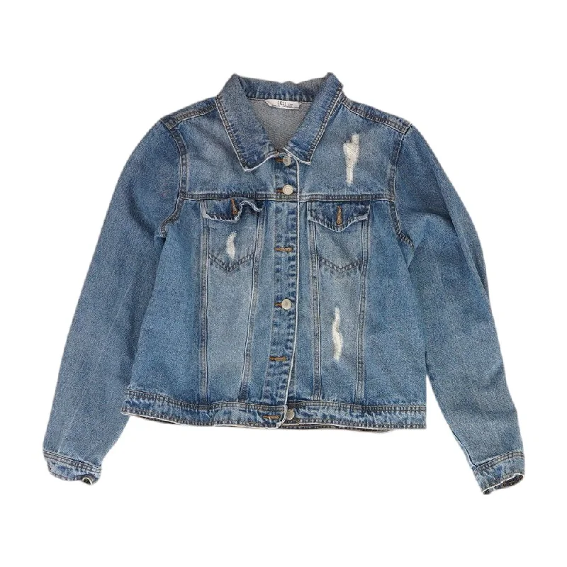 Blue Solid Denim Jacket Front Pockets Side Pockets Patch Pockets