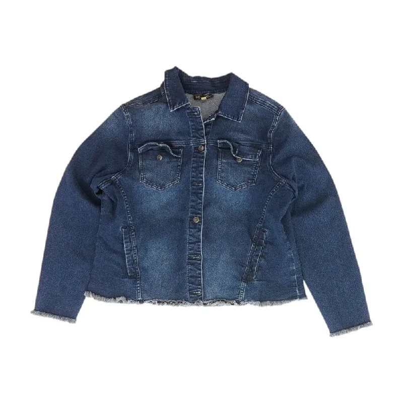 Blue Solid Denim Jacket Boat Neck Shawl Collar Notched Collar