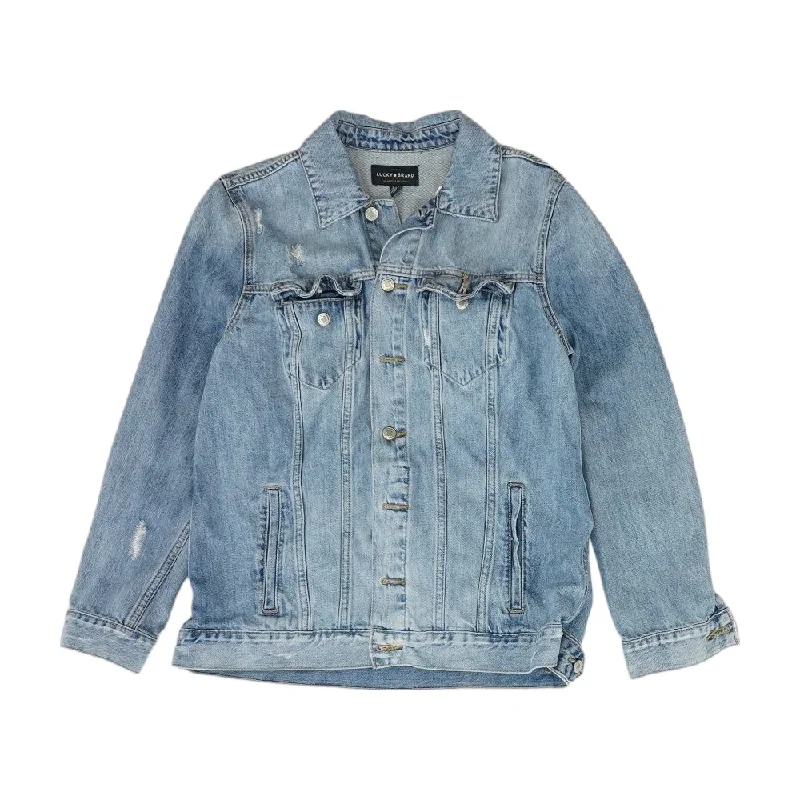 Blue Solid Denim Jacket Nylon Jacket Polyester Jacket Spandex Jacket