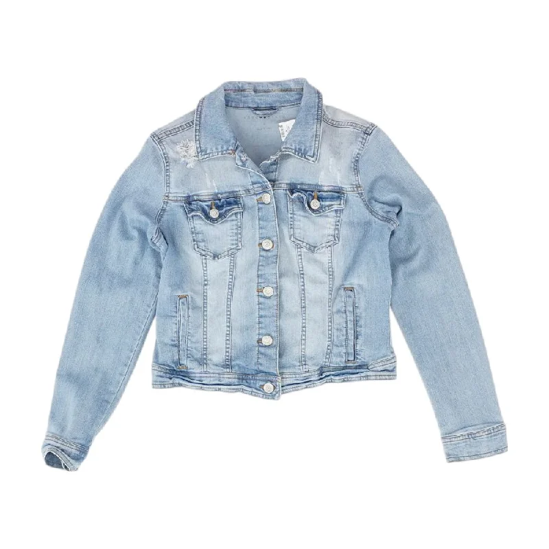 Blue Solid Denim Jacket Notch Collar Jacket Peter Pan Collar Jacket Cowl Neck Jacket