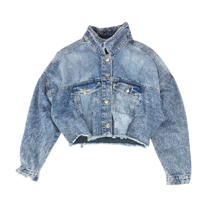 Blue Solid Denim Jacket Welt Pockets Slit Pockets Flap Pockets