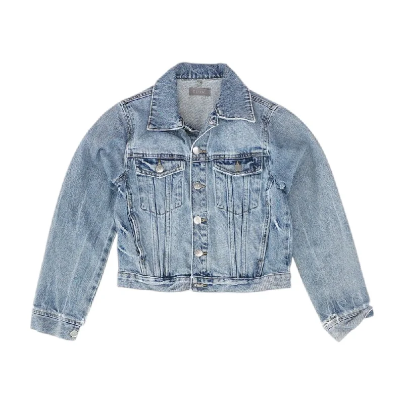 Blue Solid Denim Jacket Notch Collar Peter Pan Collar Cowl Neck
