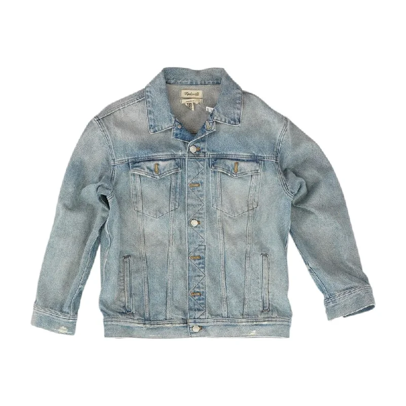 Blue Solid Denim Jacket Hoodie Zip-Up Jacket Button-Up Jacket