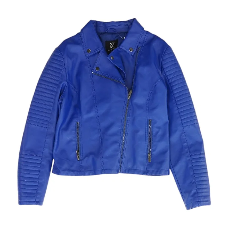 Blue Solid Faux Leather Jacket Herringbone Jacket Houndstooth Jacket Plaid Jacket