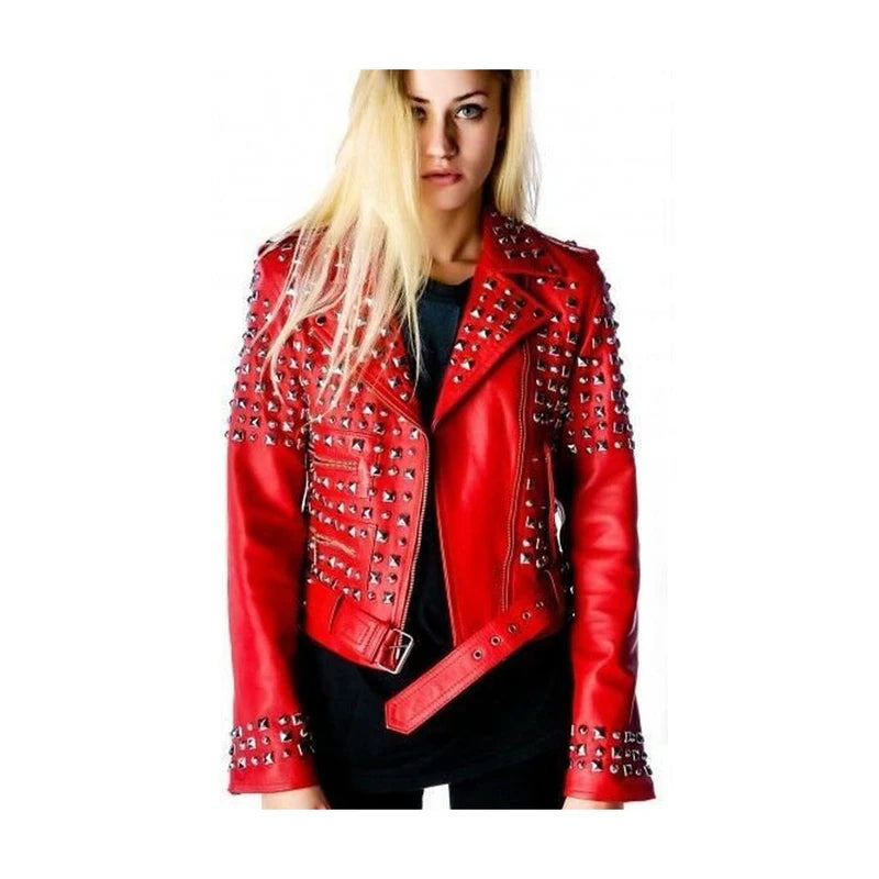 Red Belted Biker Jacket For Women Rayon Fabric Velvet Fabric Corduroy Fabric