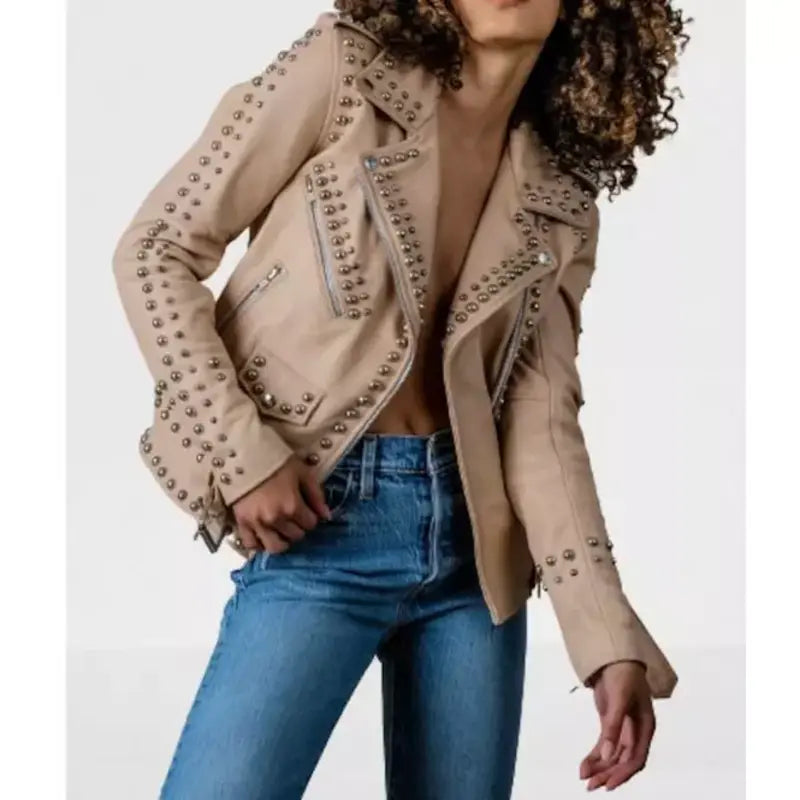 Elegant Studded Cream Leather Jacket V-Neck Jacket Boat Neck Jacket Square Neck Jacket Elegant Studded Cream Leather Jacket V-Neck Jacket Boat Neck Jacket Square Neck Jacket
